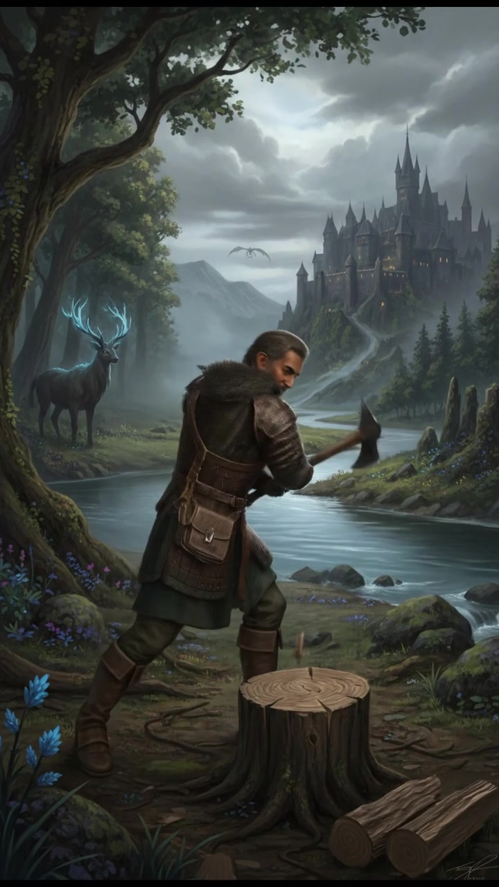 Raj chopping wood near a riverbank with lush greenery around.