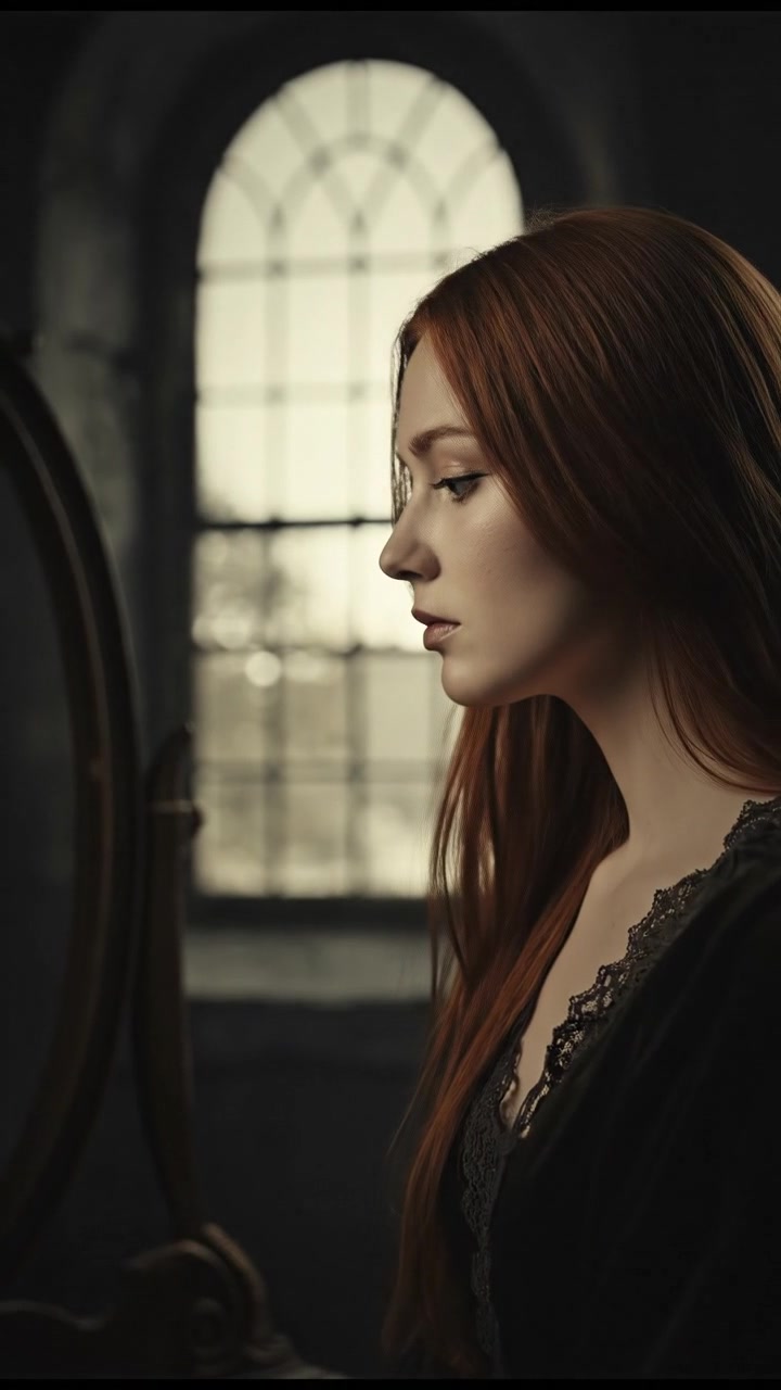 A medium shot of Emma gazing into the mirror, her reflection visible.