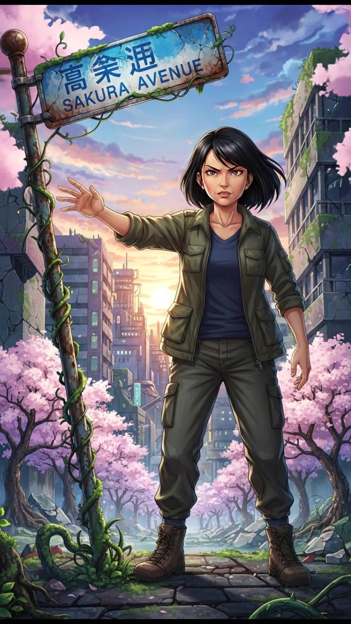 Li extending her hand towards a damaged street sign, with determination.