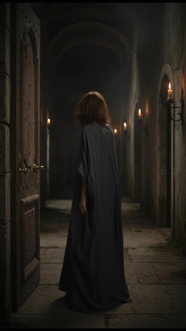 Laila standing hesitantly by the door, opening it to an empty hallway filled with shadows.