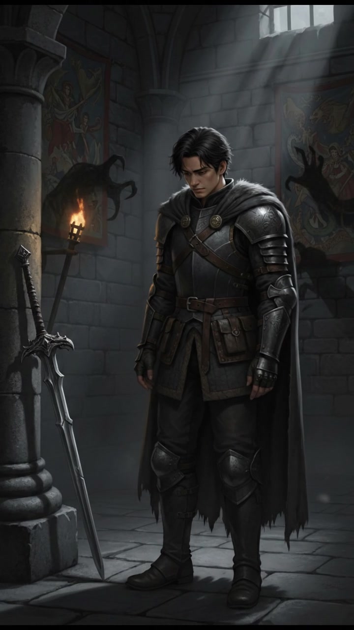 Ken stands alone in a dimly lit room, shadows looming, reflecting a moment of self-doubt.