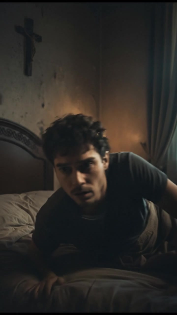 Mateo waking up in bed, looking confused and startled.