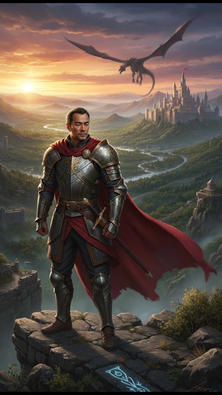 Hiro standing confidently on a cliff overlooking a valley at sunset.