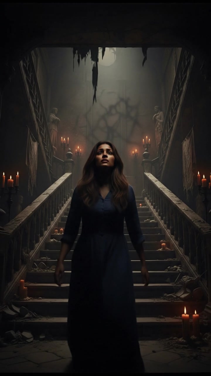 Priya standing at the bottom of a staircase, looking up in fear.