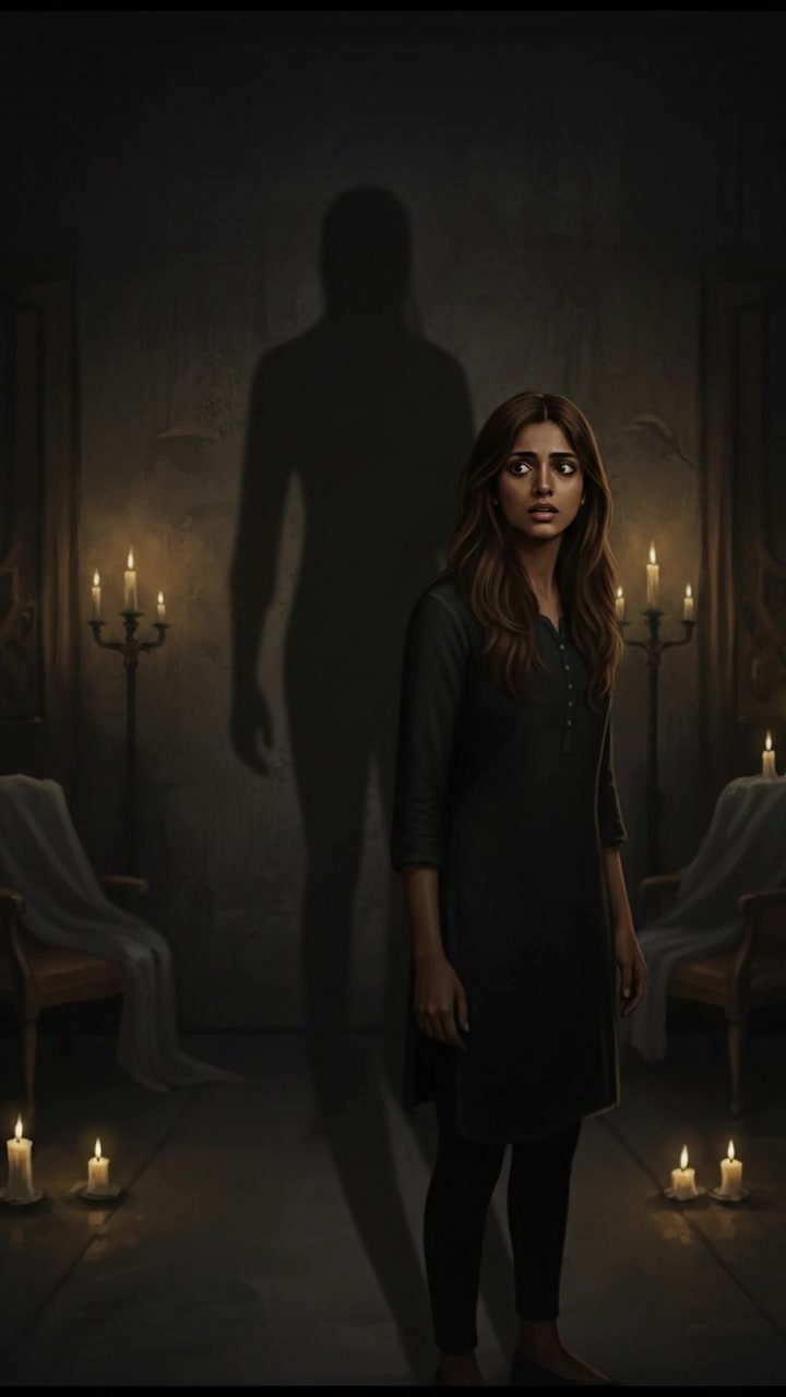 A silhouette behind Priya as she stands frozen, in the darkness of the room.