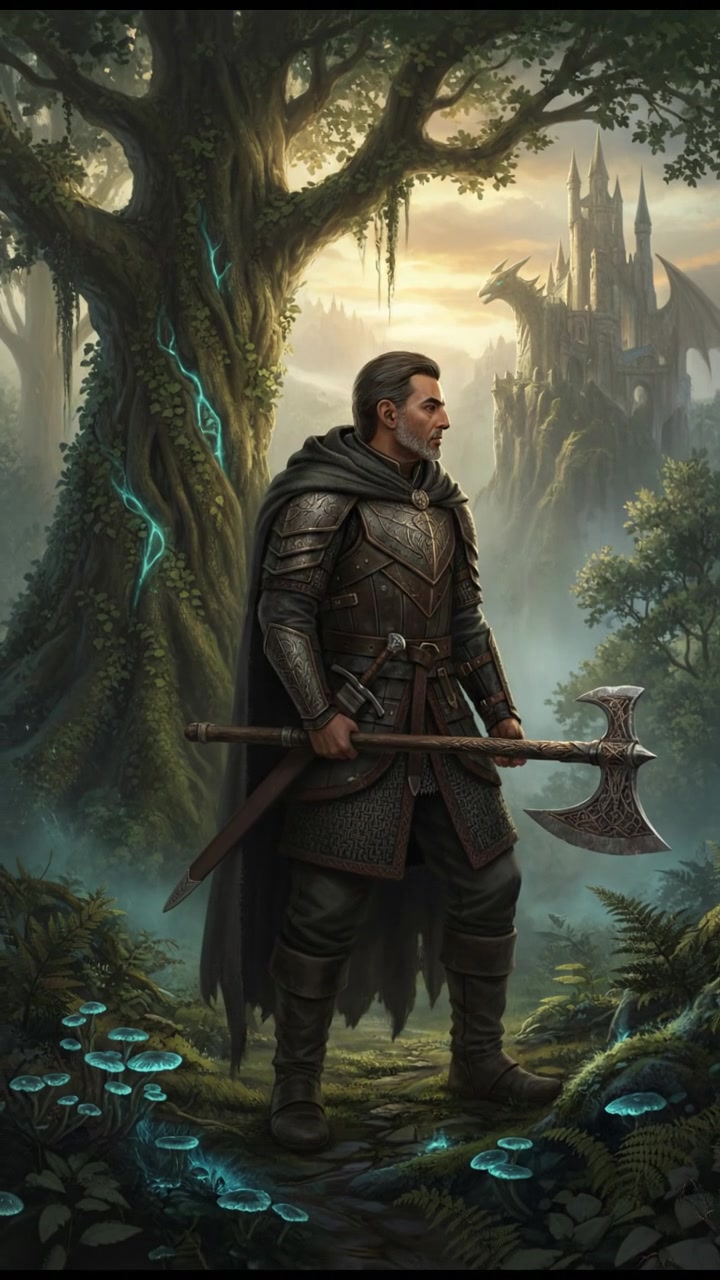 The Raj stands beside a tall tree in a thick, lush forest, holding an axe, looking thoughtfully at the ground.