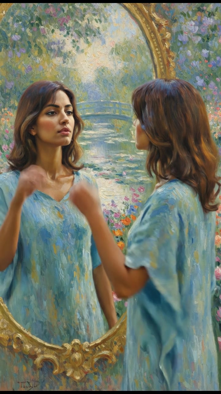 Priya standing in front of a mirror, gazing at her reflection with determination.