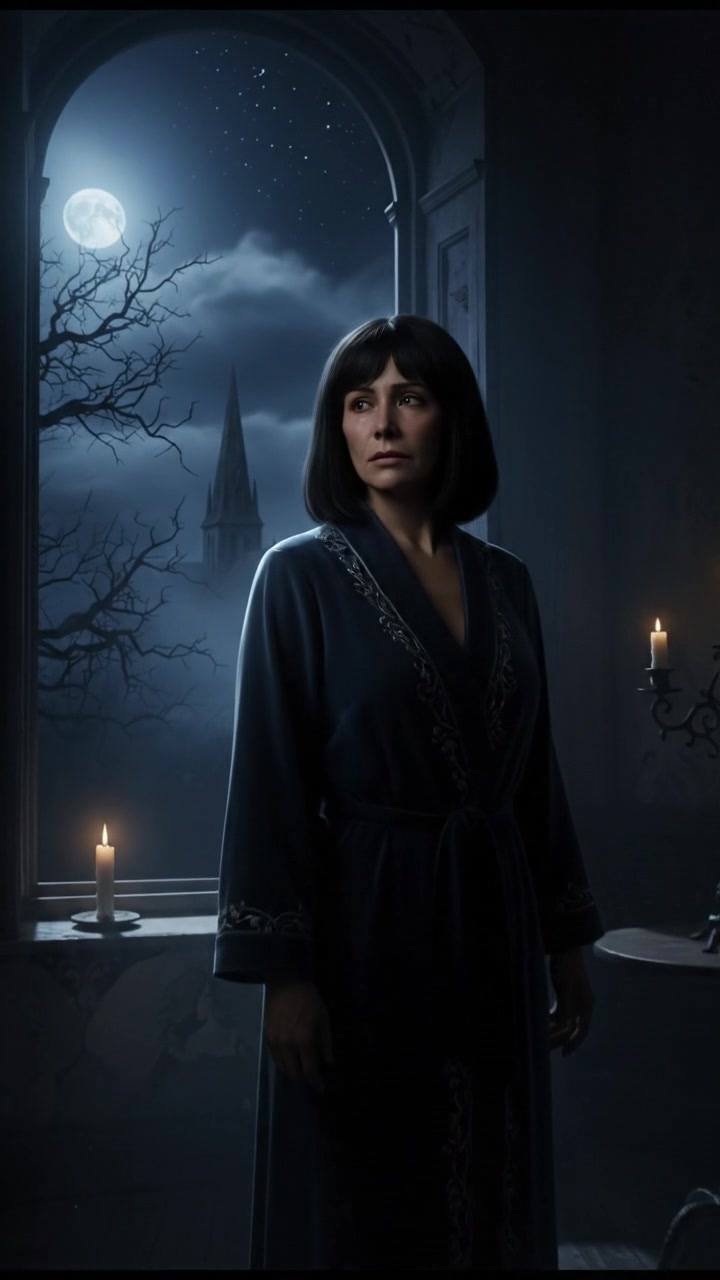 Li, looking introspective, stands at her window gazing out into the night, with a sad expression.