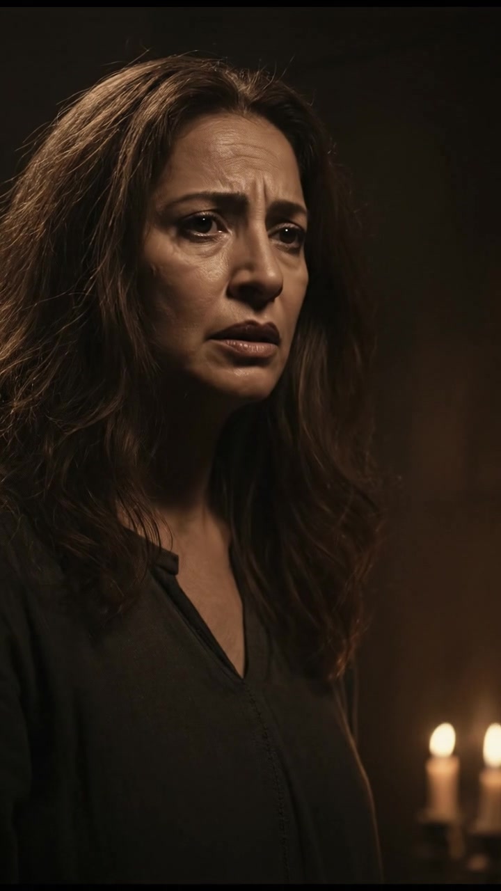 Asha standing in a dim room, her expression worried, candlelight casting shadows on the walls.