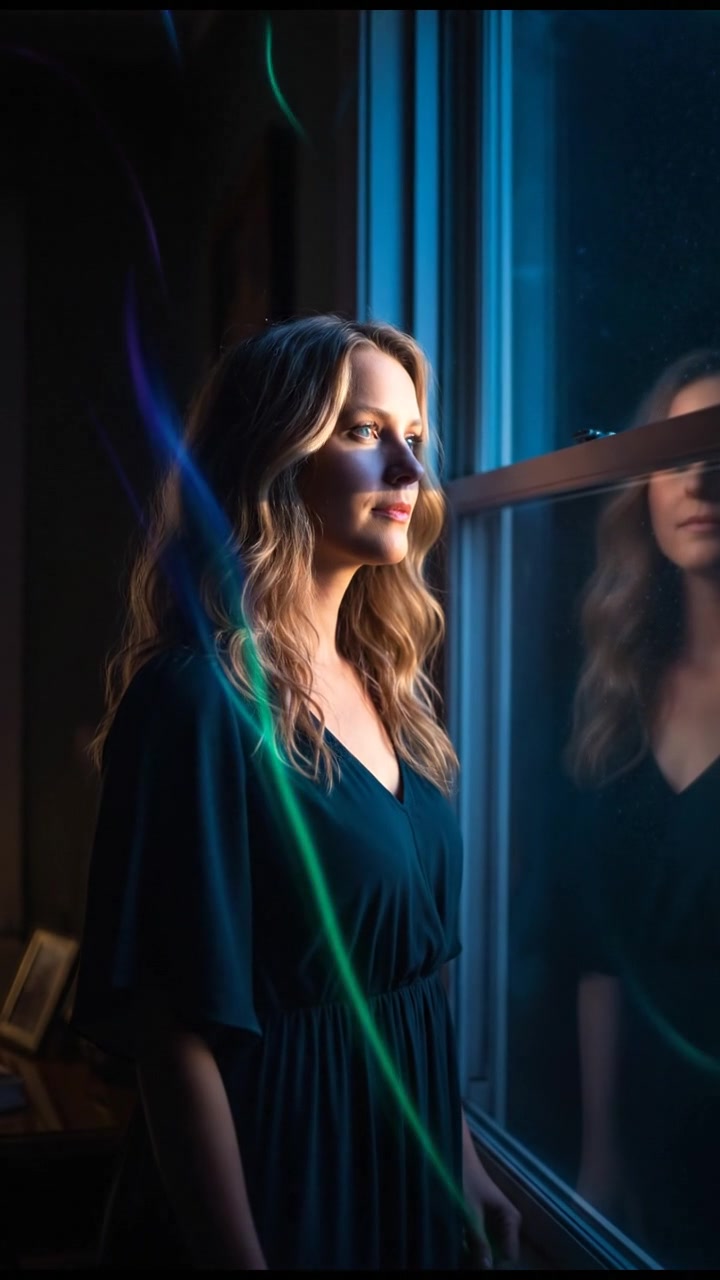 Ashley standing by a window, with sunlight streaming in, her expression contemplative and wistful.