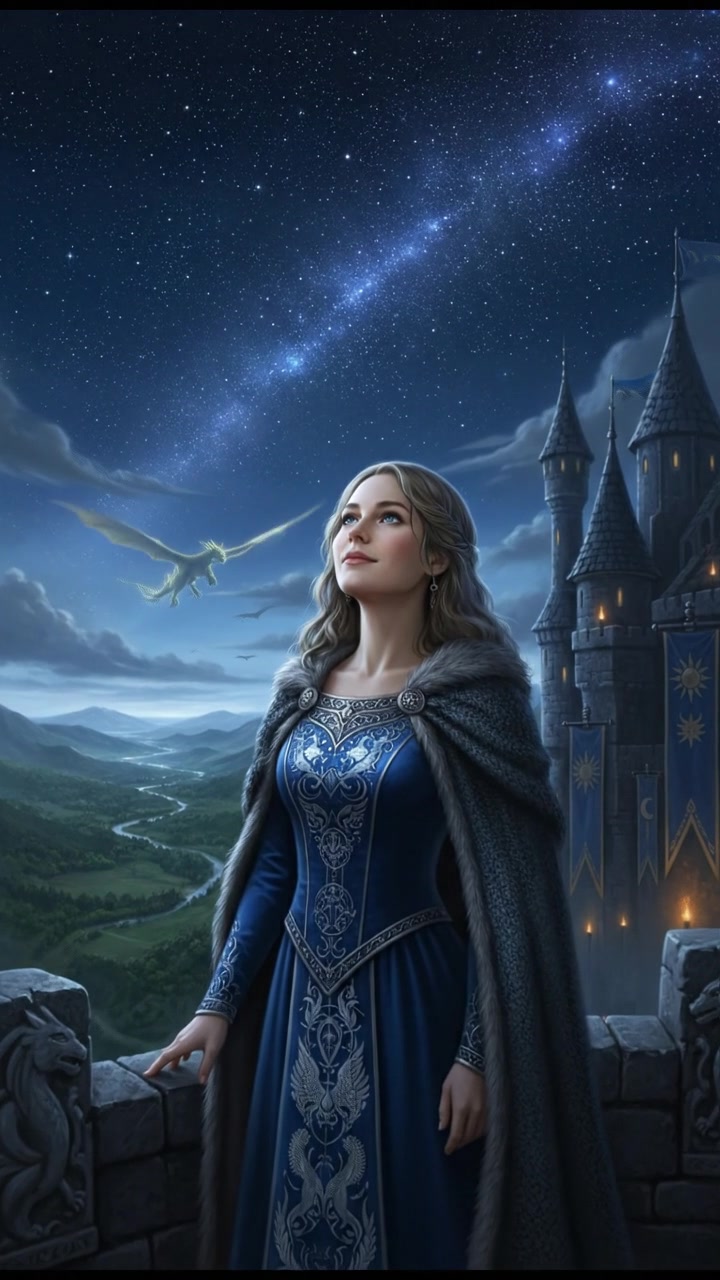 Ashley gazing up at a starry night sky, her expression soft.