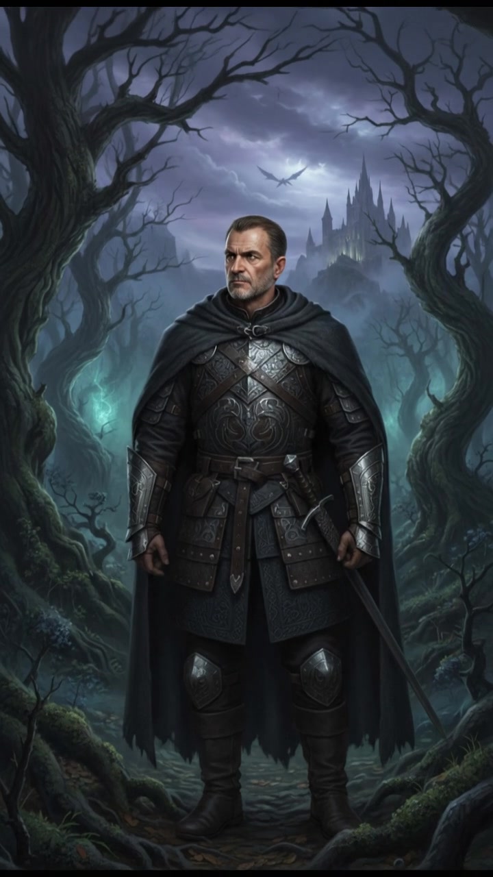 Omar standing at the edge of a dark forest, looking intently into the shadows, surrounded by tall trees.