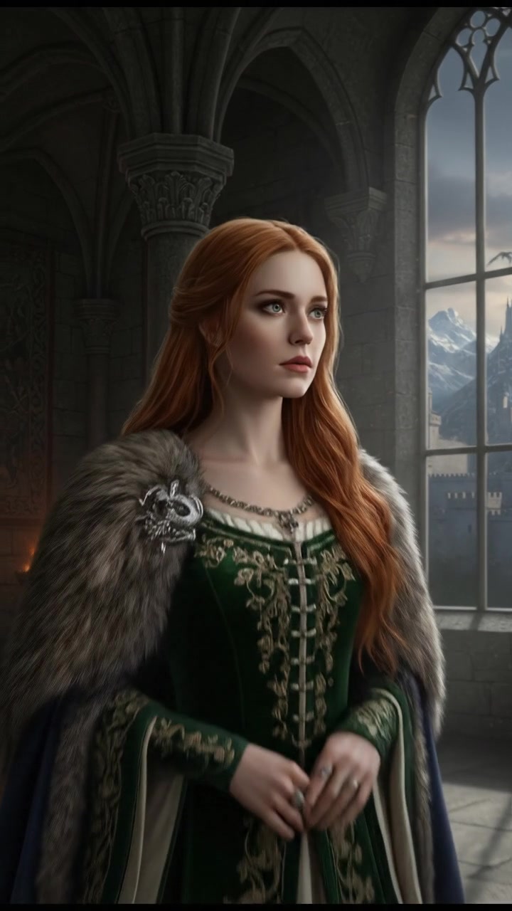 Emma standing alone in a dimly lit hall, her expression serious, gazing out a tall window.