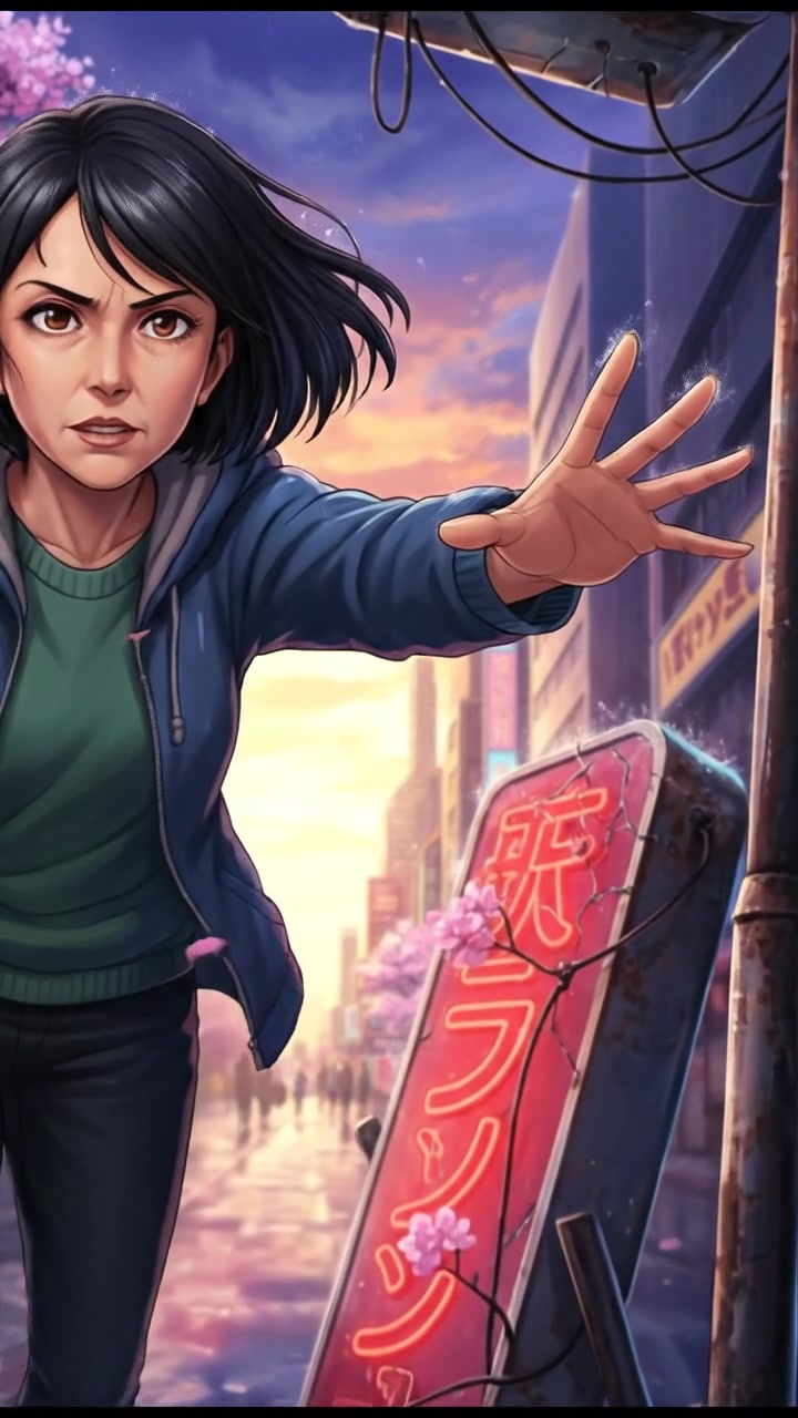 Li reaching out towards a broken sign on the street, determined expression on her face.