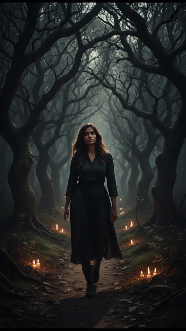 Priya walking alone on a dimly lit forest path lined with tall trees.