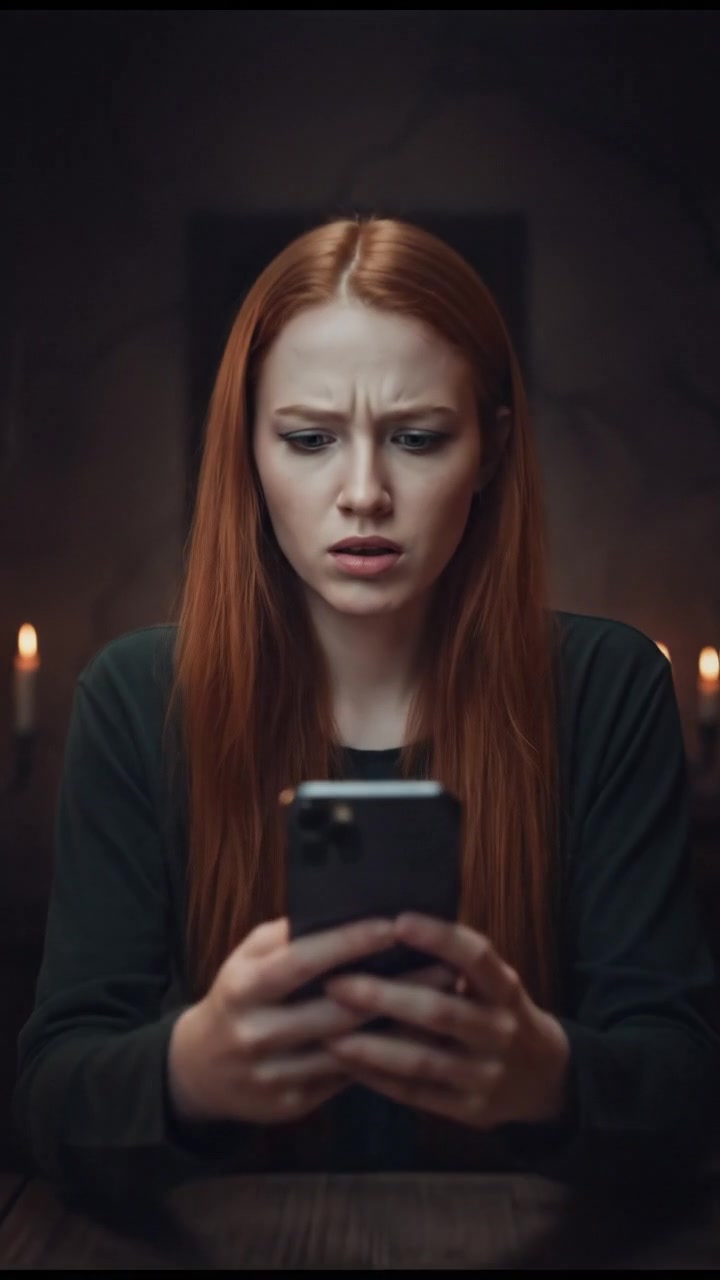 Emma looking at her phone with a puzzled expression.