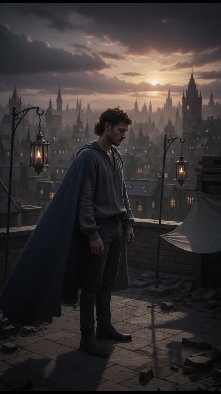 Mateo stands on a rooftop overlooking a city skyline at sunset, deep in thought.