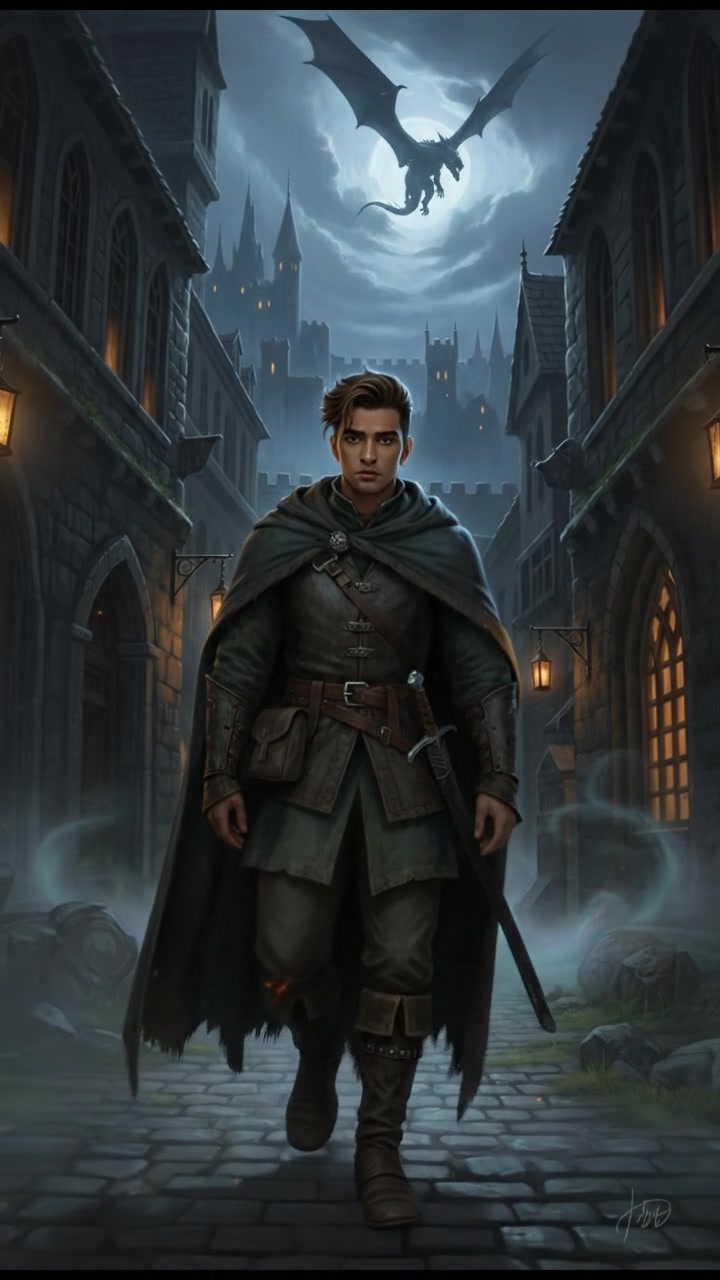 A dimly lit street at night with a young man, Arjun, walking home, looking tired.