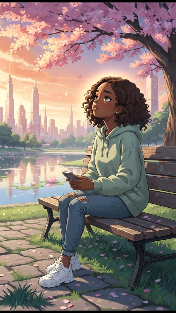 Nia, sitting on a park bench with a thoughtful expression, looking at her phone.