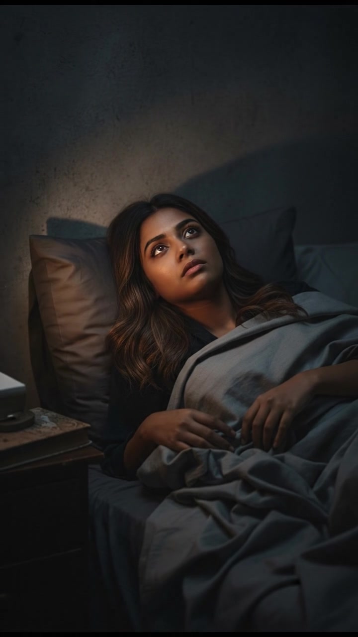 A close-up of Priya lying on the bed, staring at the ceiling with wide eyes, deep in thought.