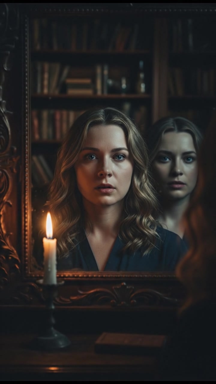 A close-up of Ashley's expression as her reflection blinks while she remains still.