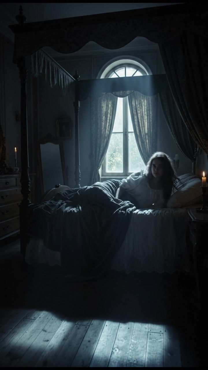 A night scene with Ashley lying in bed, moonlight streaming through the window.