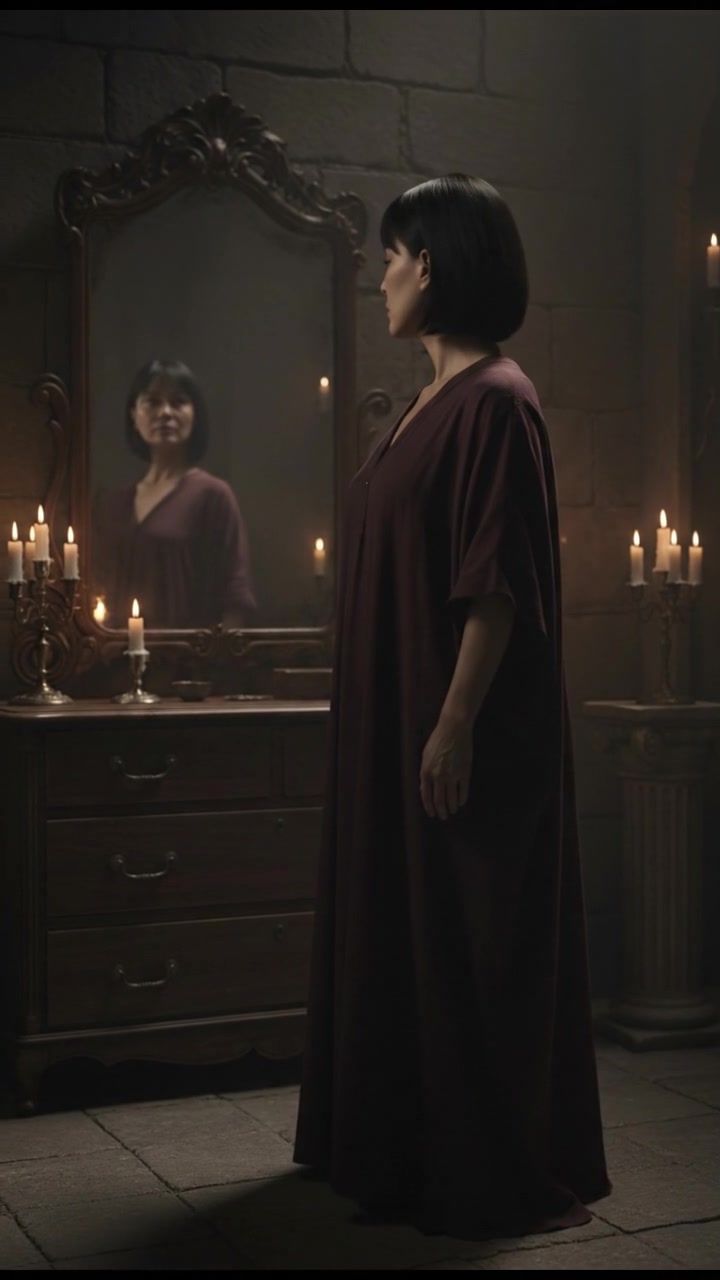 Li standing in front of a mirror, looking thoughtfully at her reflection.