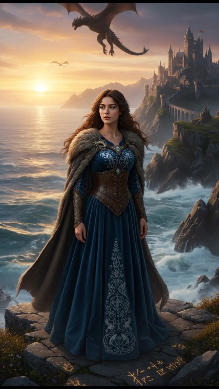 Maya, standing on a cliff edge at sunrise, looking out over a vast ocean, with waves crashing below.