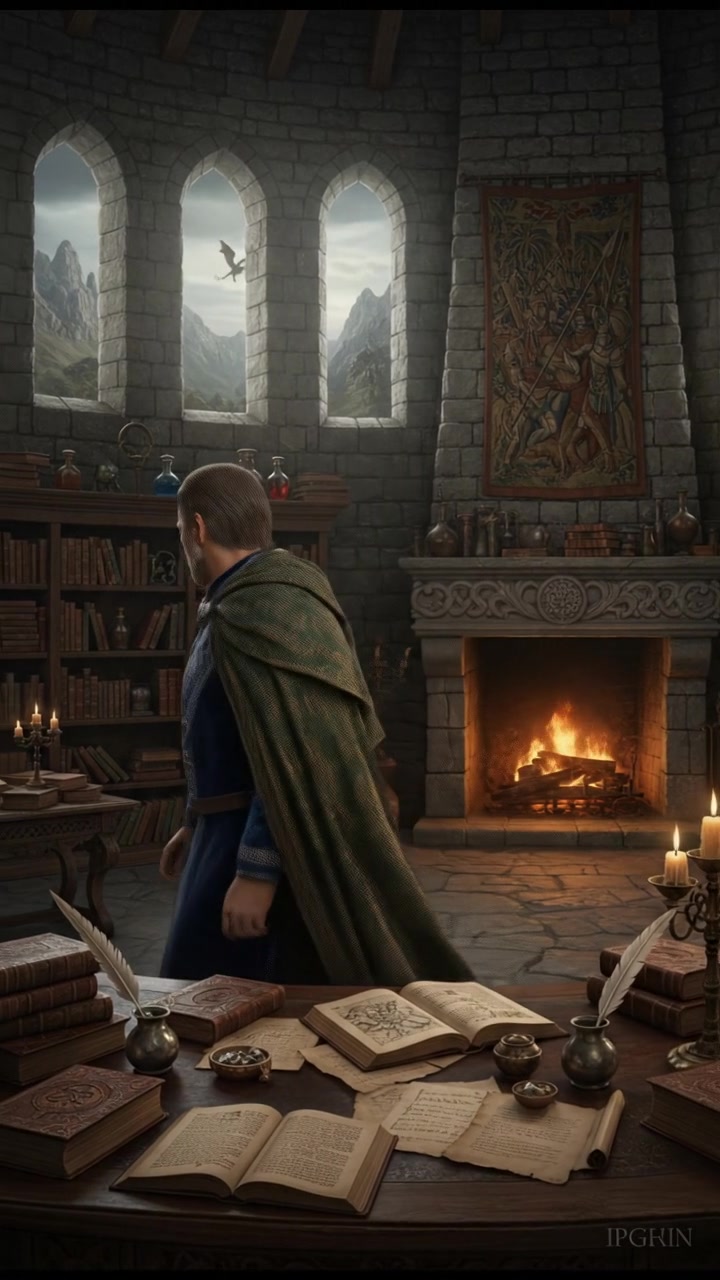 Omar stands thoughtfully in his study, surrounded by open books and scrolls on a wooden desk.