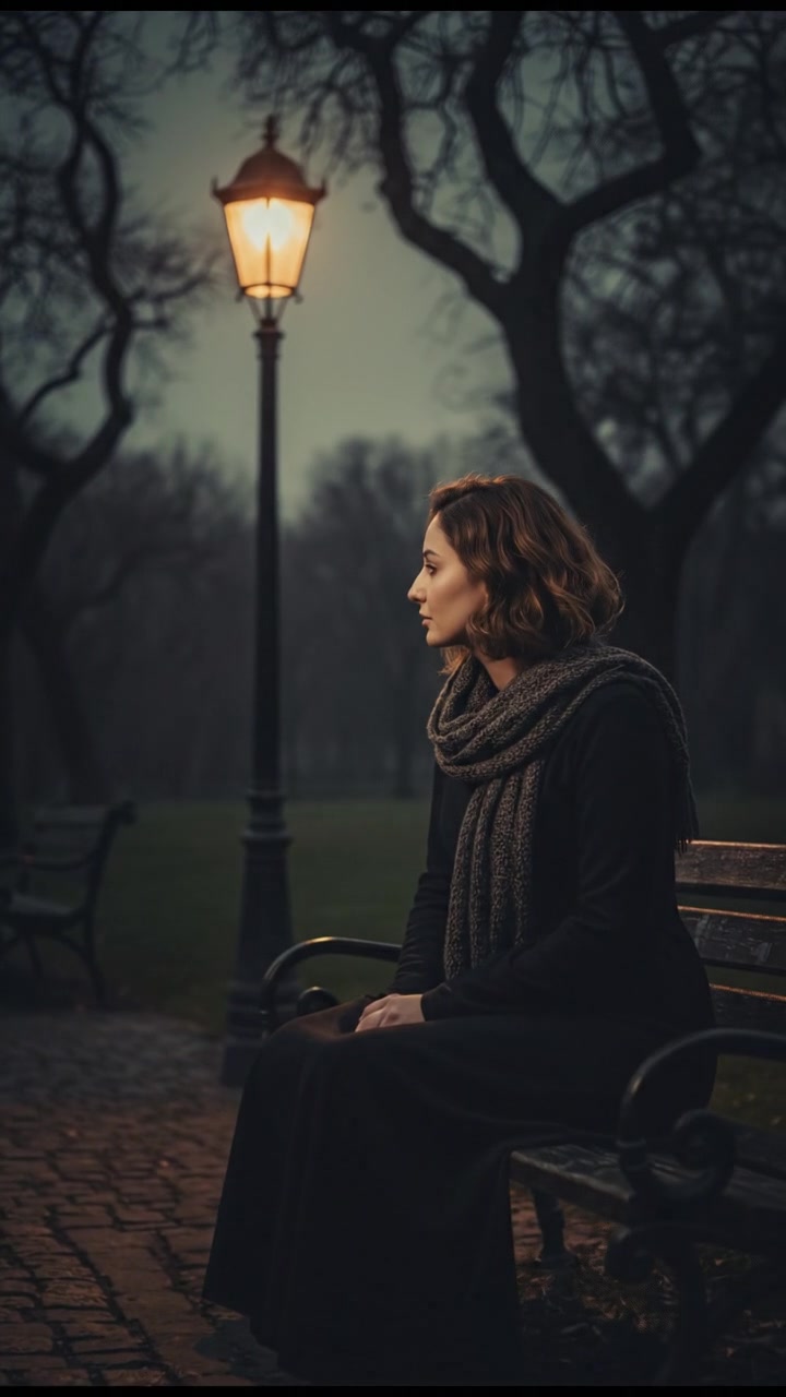 Laila sitting on a park bench, looking contemplative with a park scene behind her.