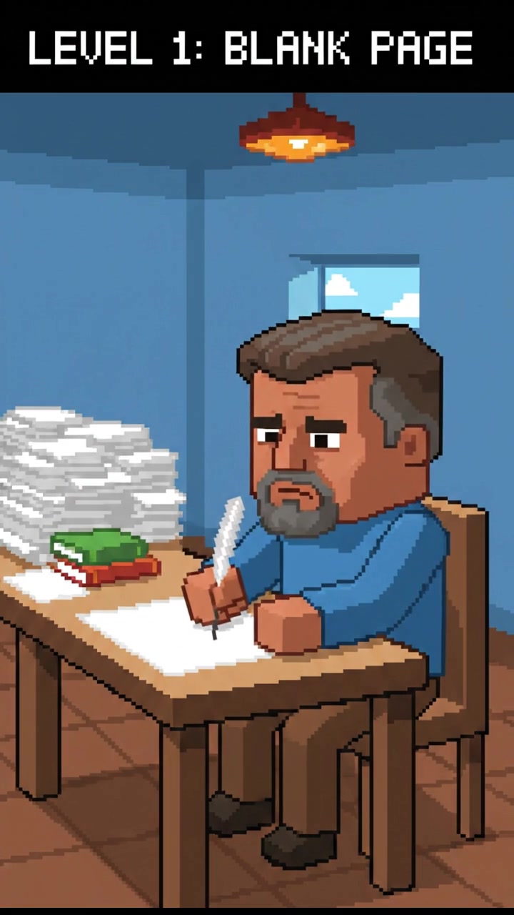 Raj, sitting at a desk, surrounded by papers and books, looks thoughtfully at a blank page.