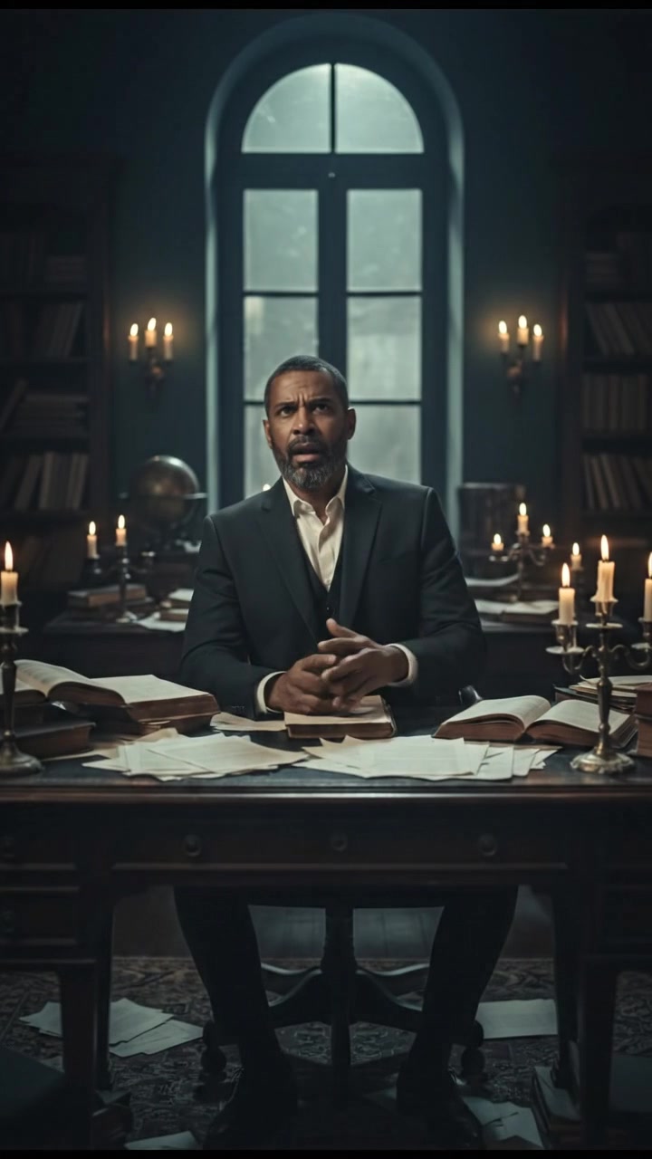 Kwame in an office, sitting at a desk with a skeptical expression, papers scattered around.