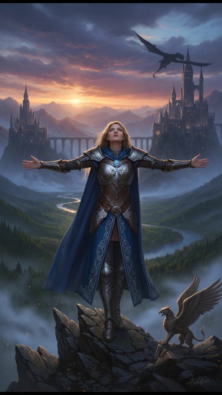 Ashley standing atop a mountain peak, arms open wide to the expansive sky.