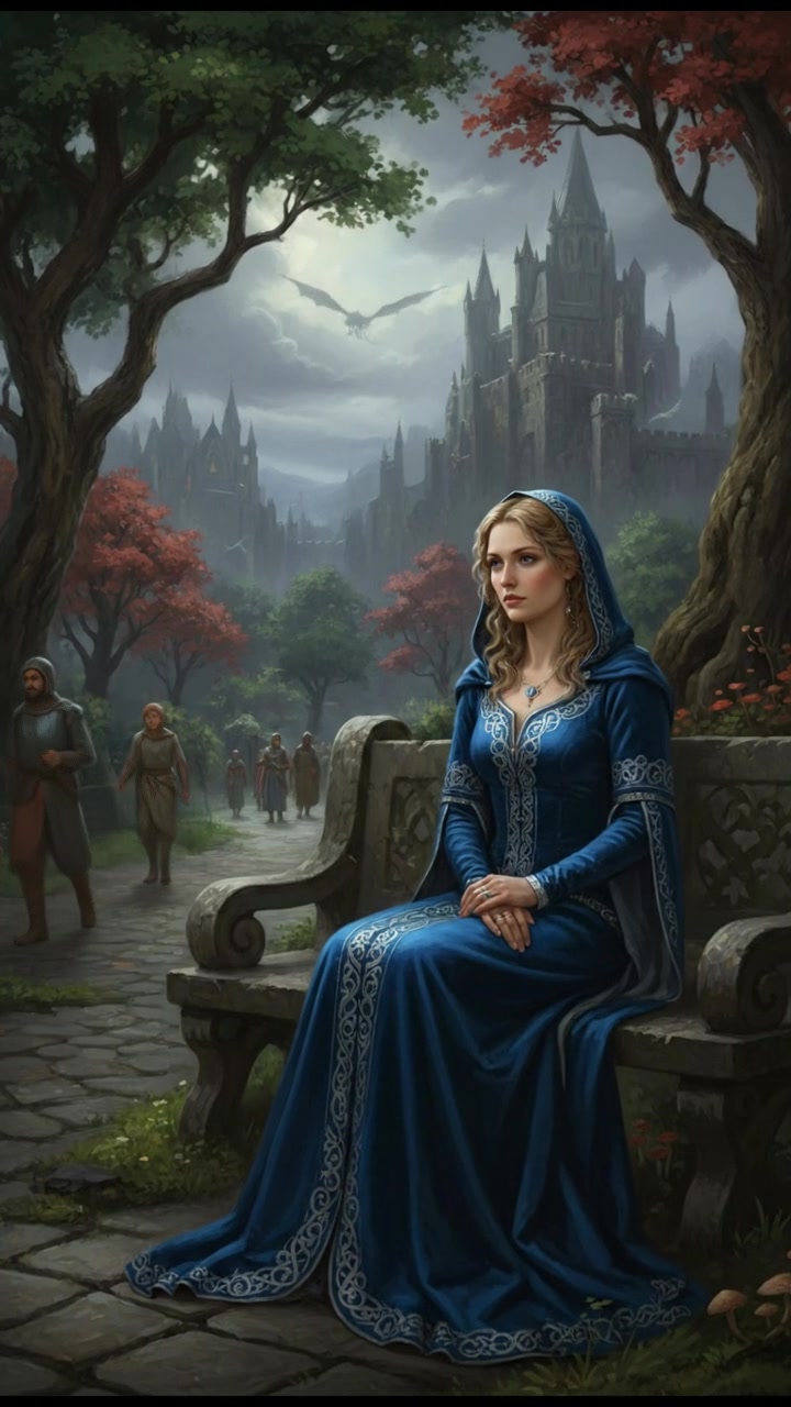 Ashley sitting on a park bench, looking pensive, with trees and people walking in the background.