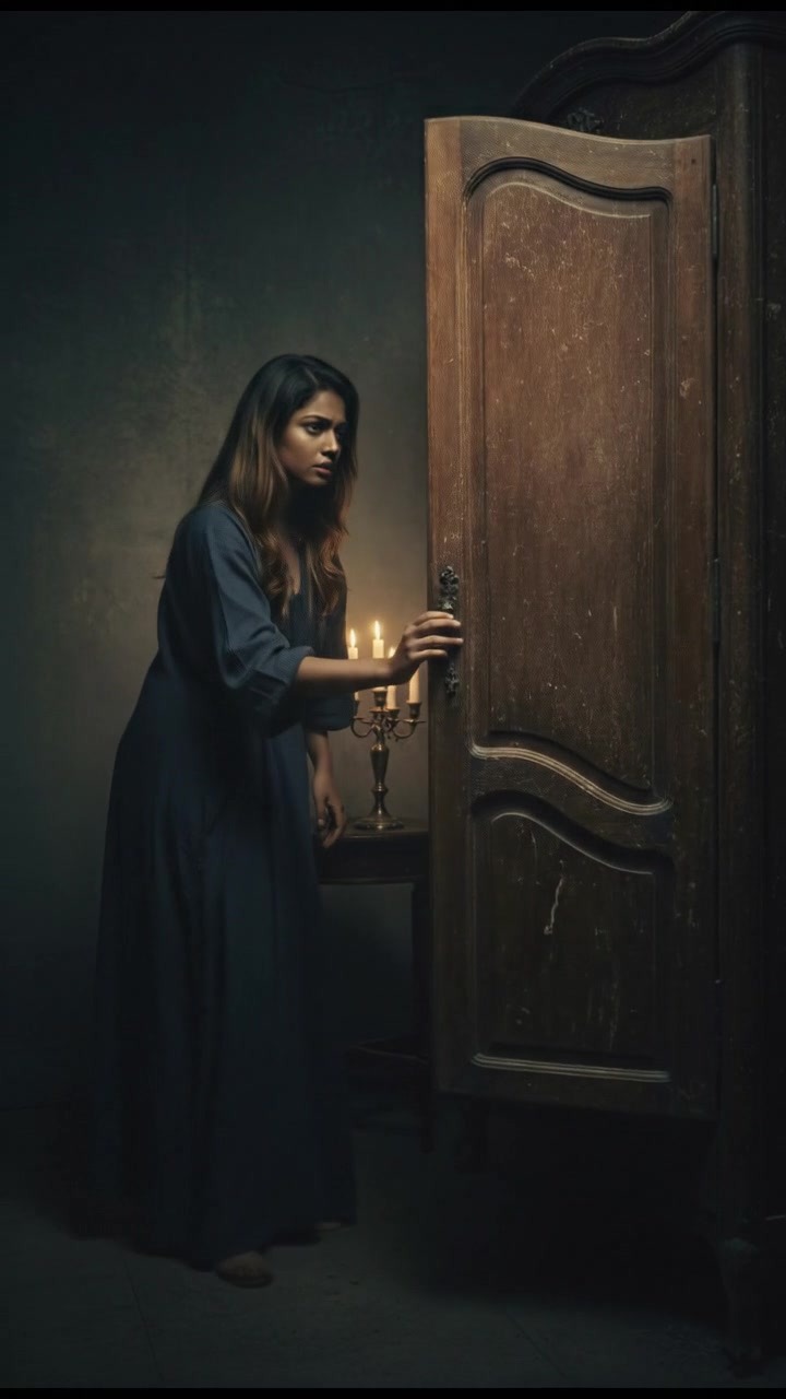 Priya cautiously approaching the wardrobe, her expression showing curiosity.