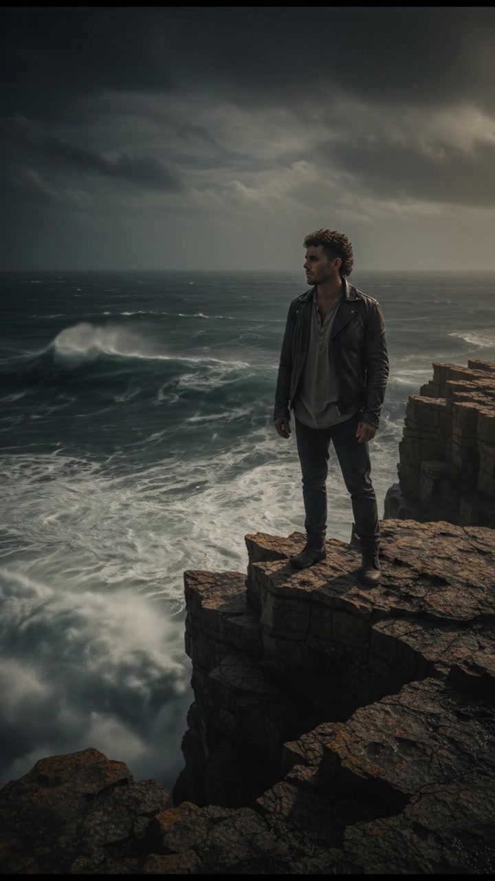 Mateo standing on a rocky cliff, overlooking a vast sea, with waves crashing below.