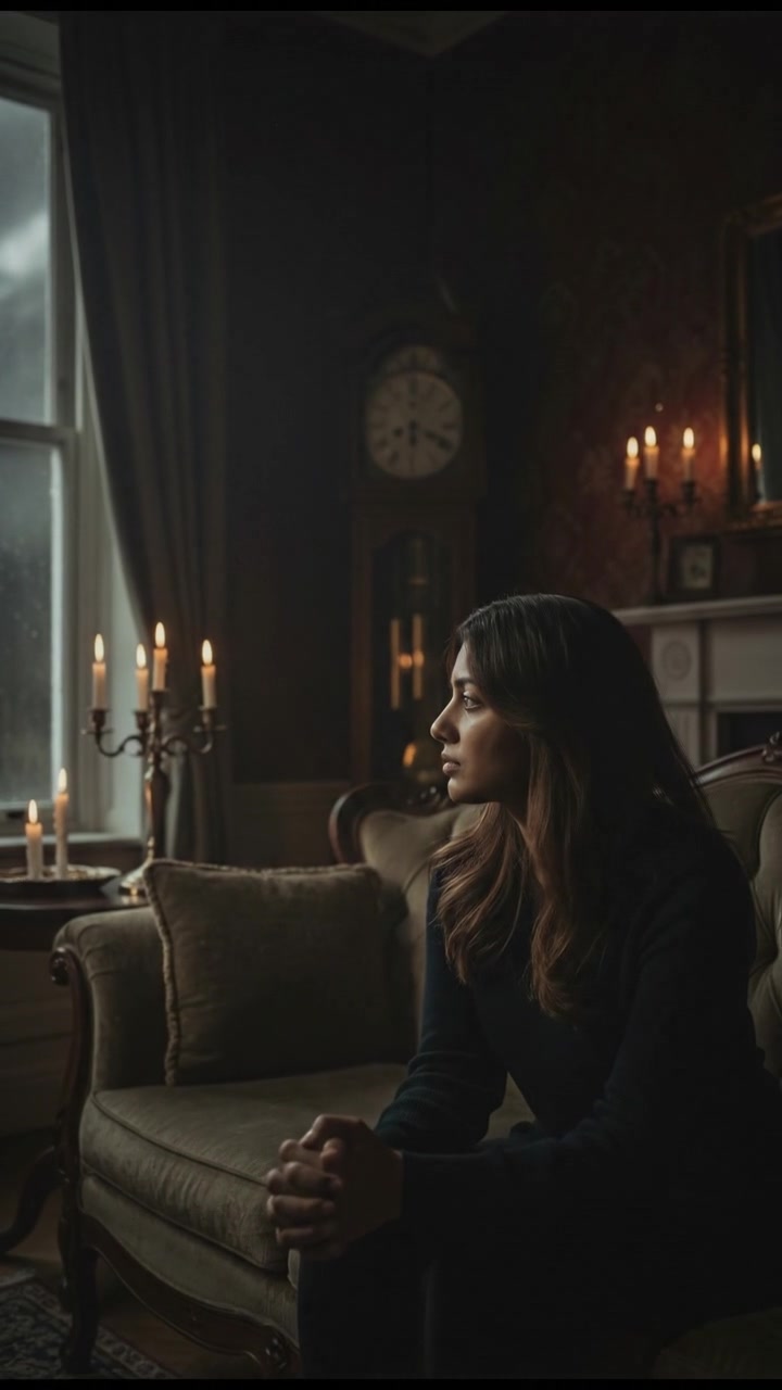 A cozy living room with Priya sitting on a couch, her hands clasped, looking out the window.