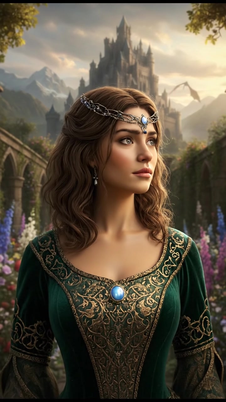 Laila standing in a lush garden, surrounded by blooming flowers, looking dreamy as she gazes into the distance.