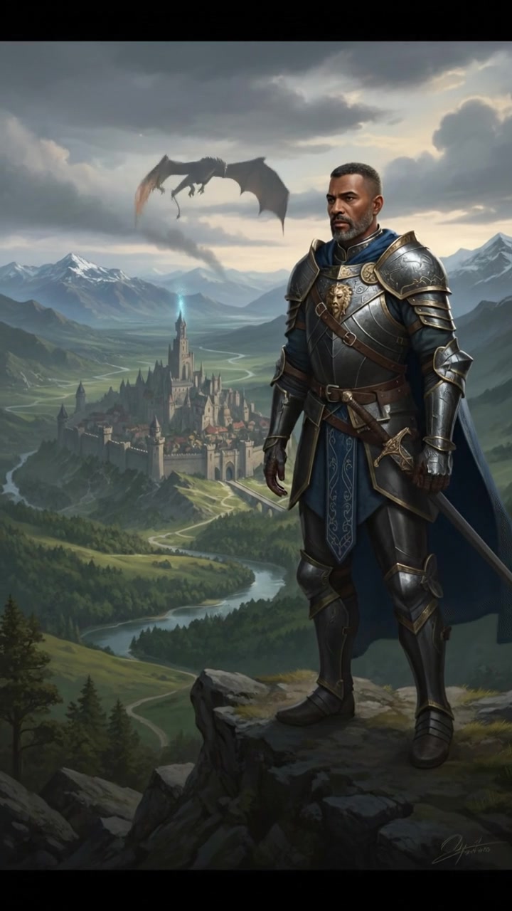 A serene landscape with Kwame standing on a hill, looking at the horizon with determination.