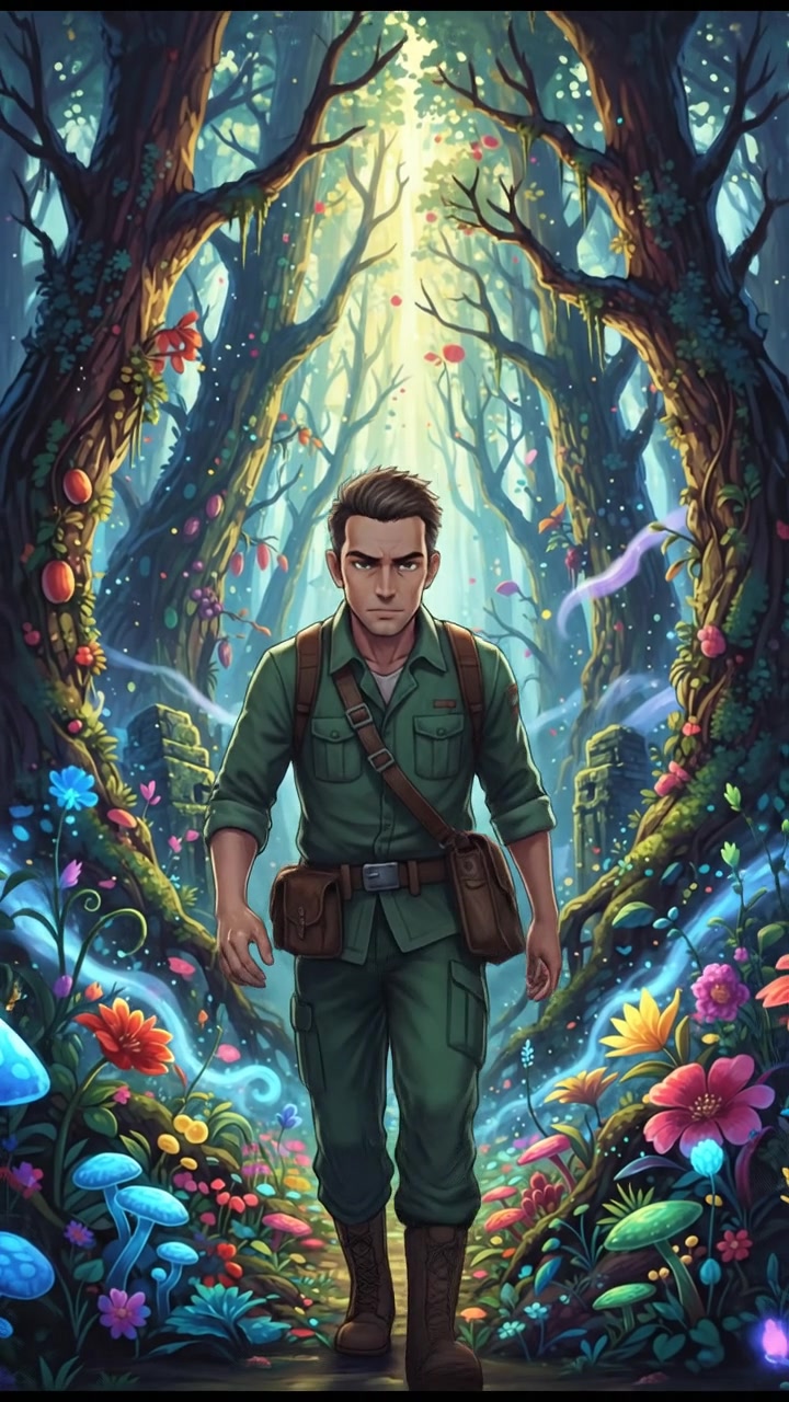 Omar walking through a dense forest filled with rare plants and trees, looking intently at the ground.