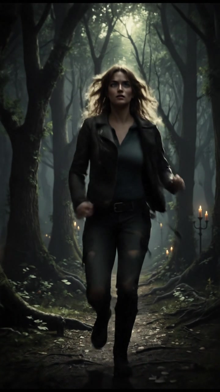 Ashley runs through a dense forest, her expression tense, heart racing against the thicket.