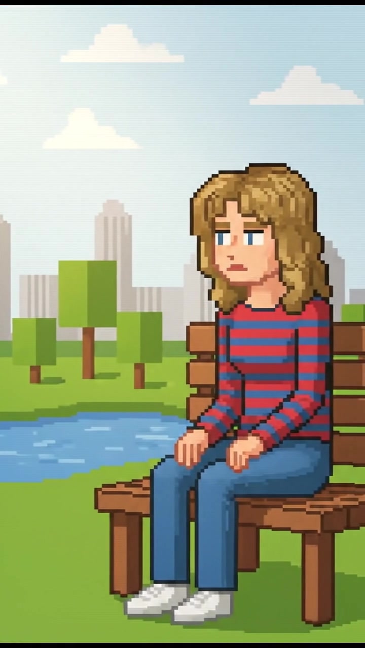 Ashley sitting on a park bench, looking contemplatively at the surroundings, lost in thought.