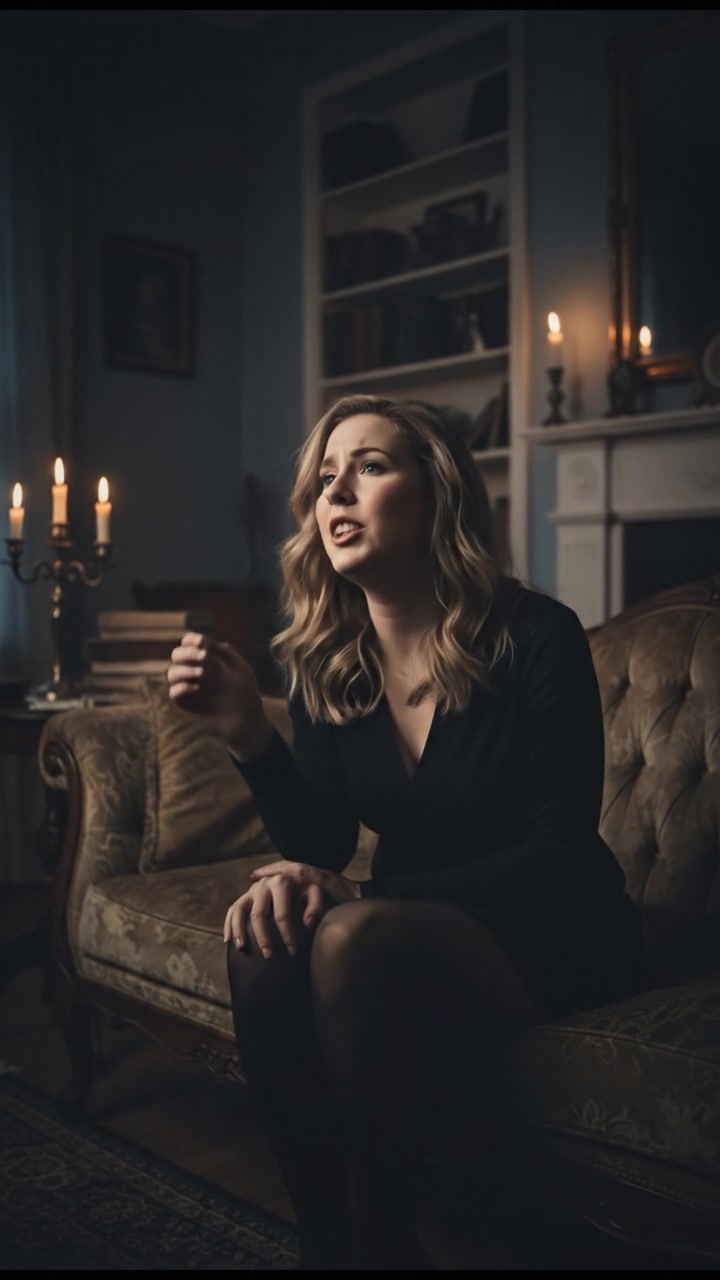 Ashley sits on her couch, whispering to herself, her hand nervously tapping on her knee.