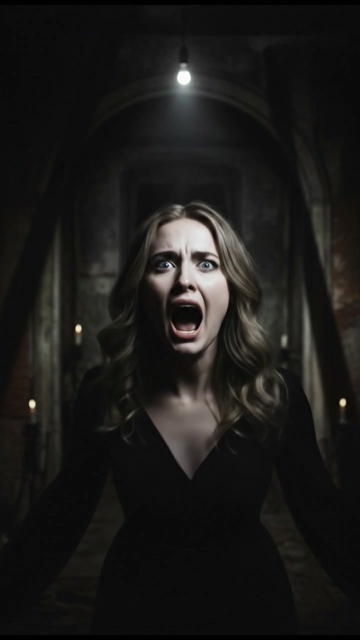 Ashley screaming in terror, illuminated briefly by a flicker of light.