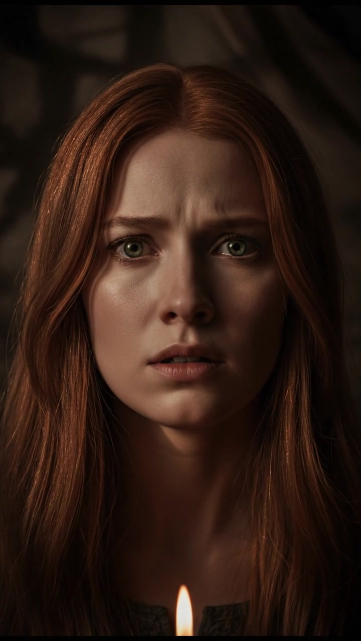 A close-up of Emma's face, looking anxious as she stands in the dim light.