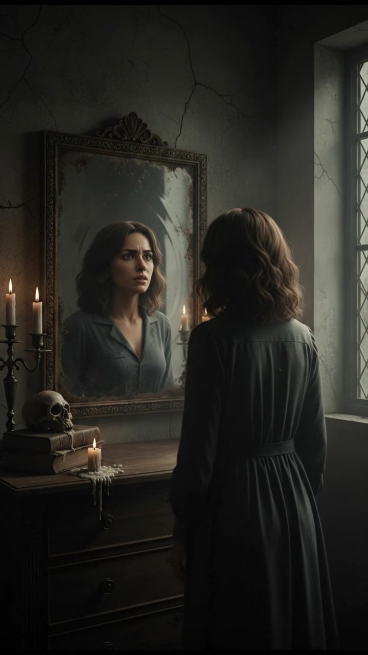 Laila staring at her reflection in the mirror, her confusion evident in her expression.