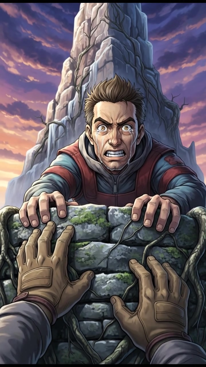 Close-up of Eli's gloved hands gripping the ledge of the Westward Spire.