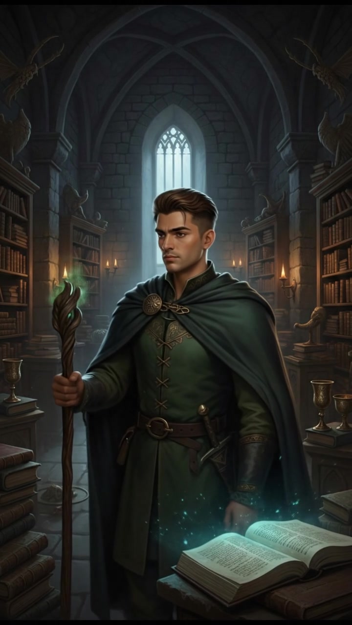 Arjun stands in a dimly lit room, surrounded by old books and artifacts, deep in thought.
