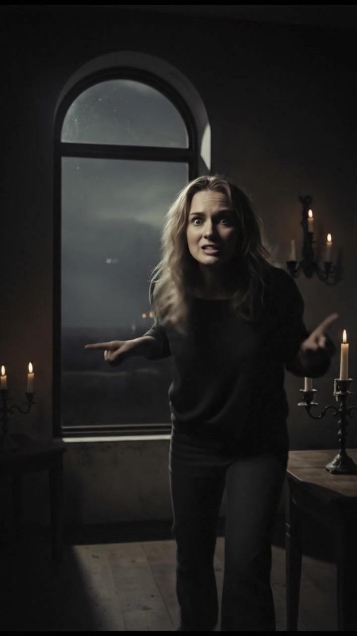 Ashley frantically gesturing towards the window, trying to explain her view.