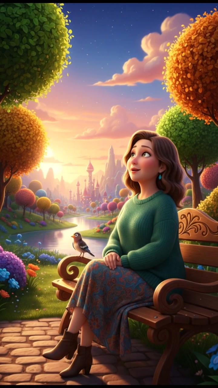 Susan sitting on a wooden bench in a park, looking thoughtfully at a distant horizon.